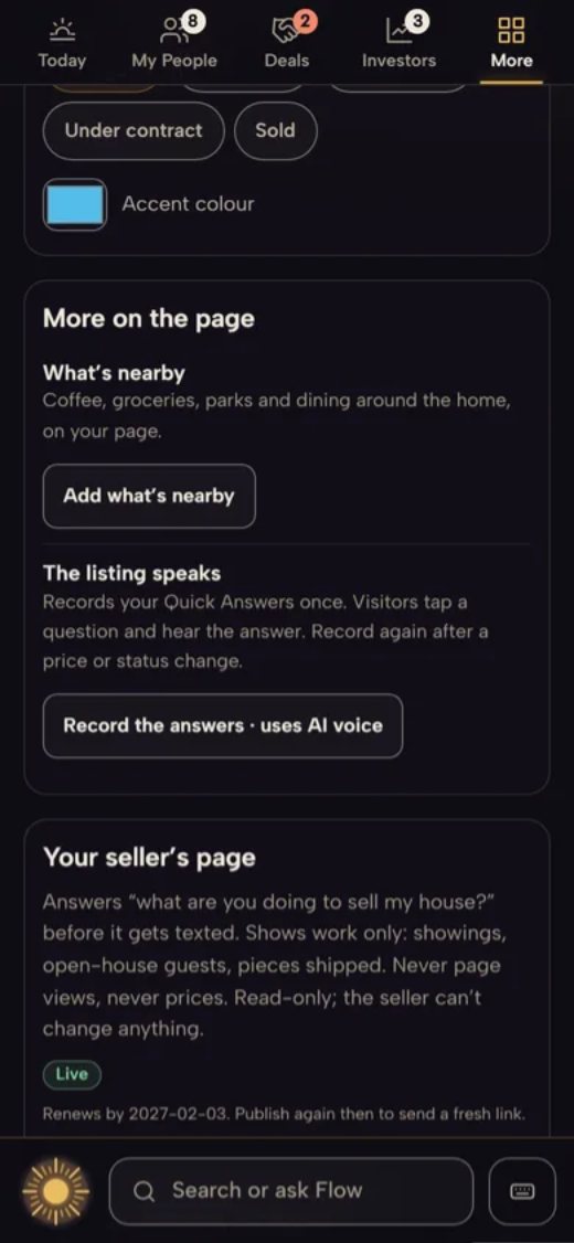 Smooth Flow on a phone: the settings for a seller’s page, which shows showings, open-house guests and the marketing sent, and never prices.