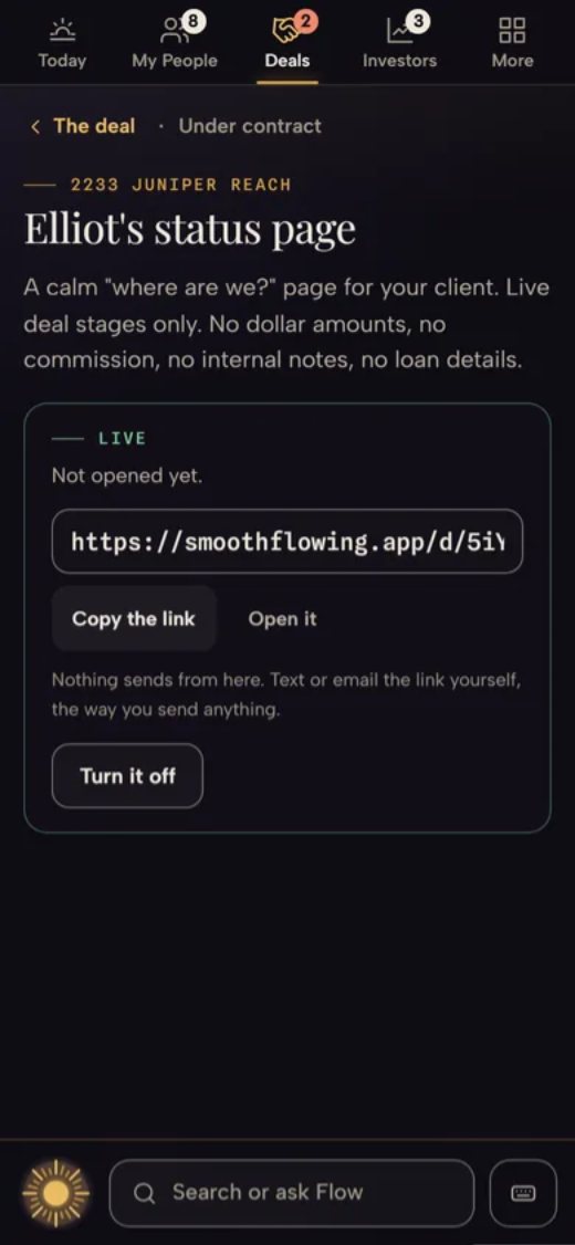Smooth Flow on a phone: a buyer’s status page for a sample deal, marked live, with its private link and buttons to copy it, open it or turn it off.
